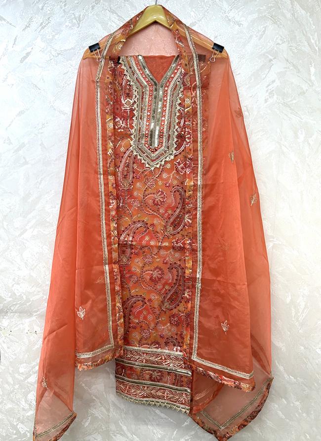 Net Orange Party Wear Hand Work Punjabi Dress Material